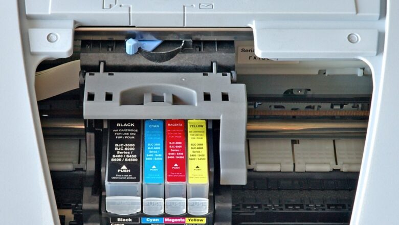 Inside view of a printer and the ink cartridges