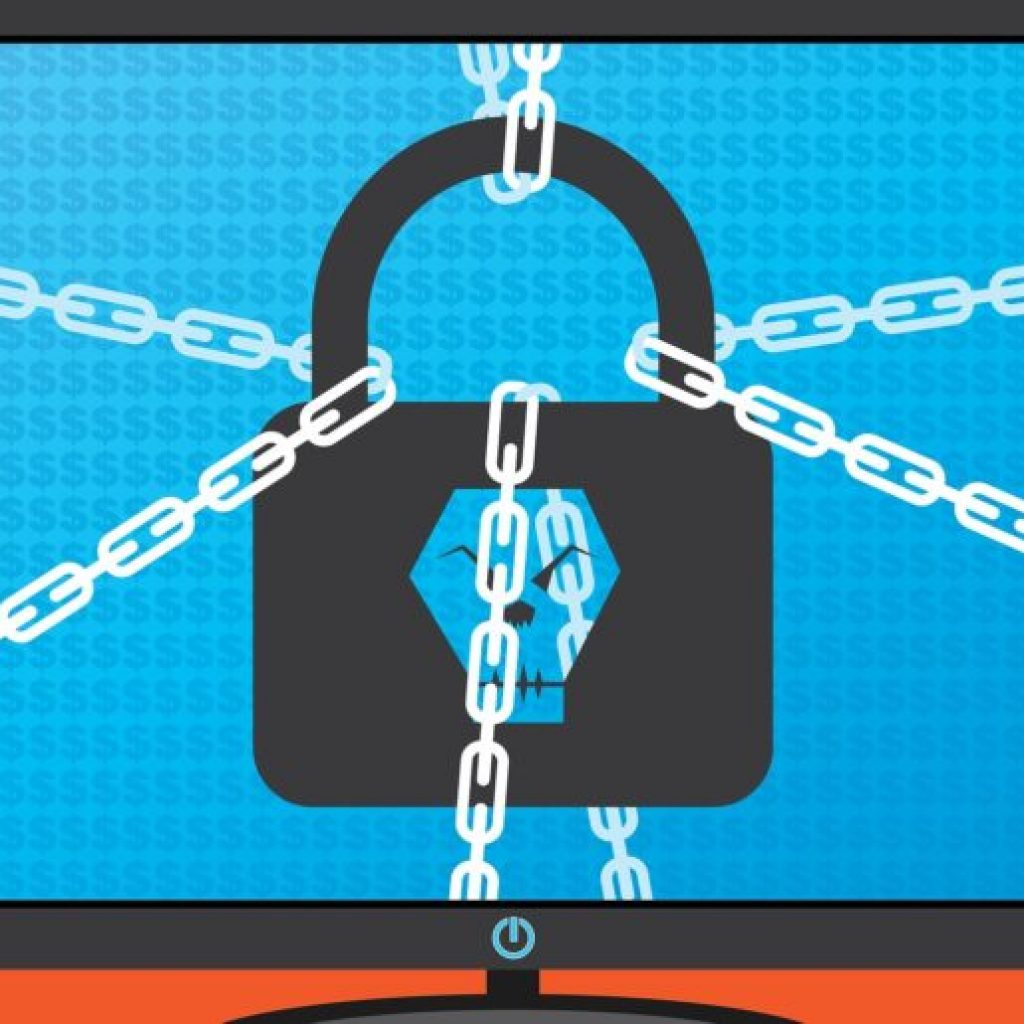Graphic showing a computer monitor with padlock and chains