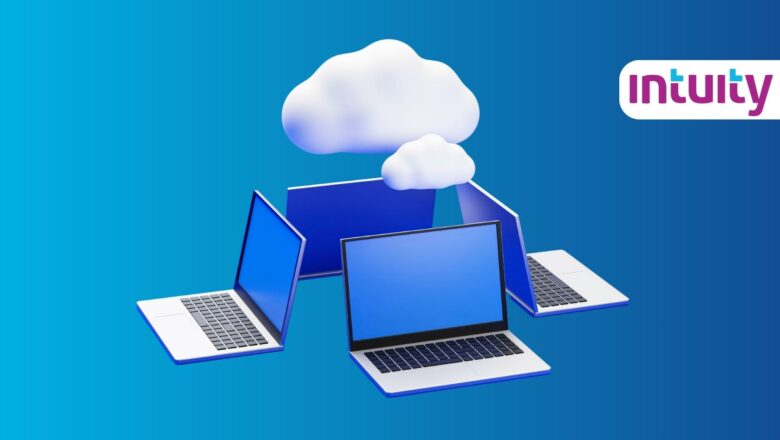 Four animated laptop computers on a blue gradient background with animated clouds hanging above representing Azure Virtual Desktop